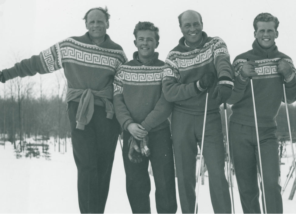 1954 Stein Eriksen ski school in Boyne Mountain, Michigan, USA. Sweaters designed by Bitten Eriksen.