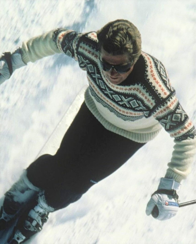1970's Stein Eriksen skiing in his mothers most popular sweater design.